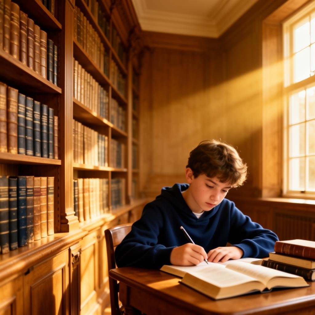 Student studying in a sunlit classical library